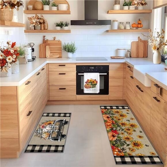 Fall Kitchen Rugs Set of 2, Non-Slip Kitchen Floor Mats, Sunflower Pumpkin - Picture 2 of 8